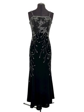 Night Scene Black Flower Beaded Spaghetti Straps Wedding Guest Prom Maxi Dress S